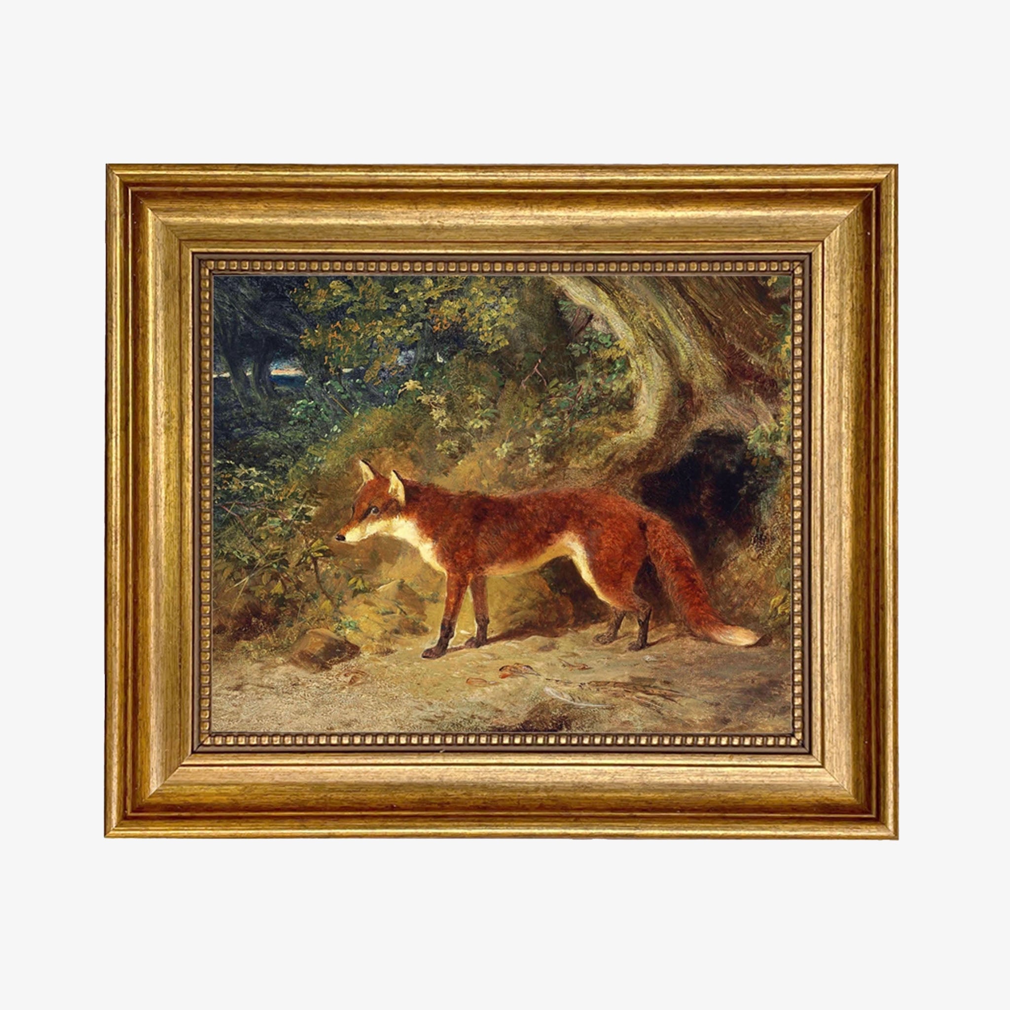 Fox and Feathers Vintage Artwork with gold leaf frame on a white background