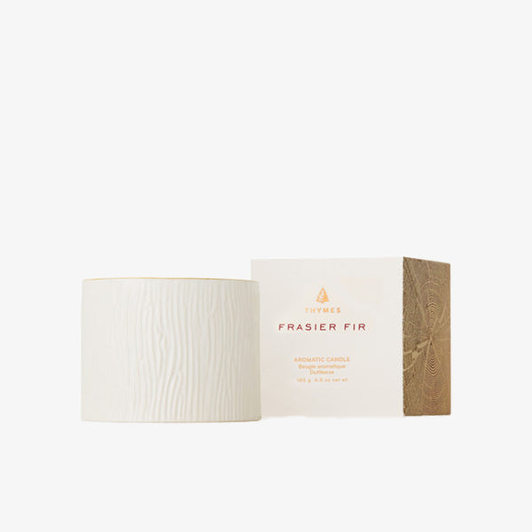 Thymes Frasier Fir Gilded Ceramic Petite Candle on a white background