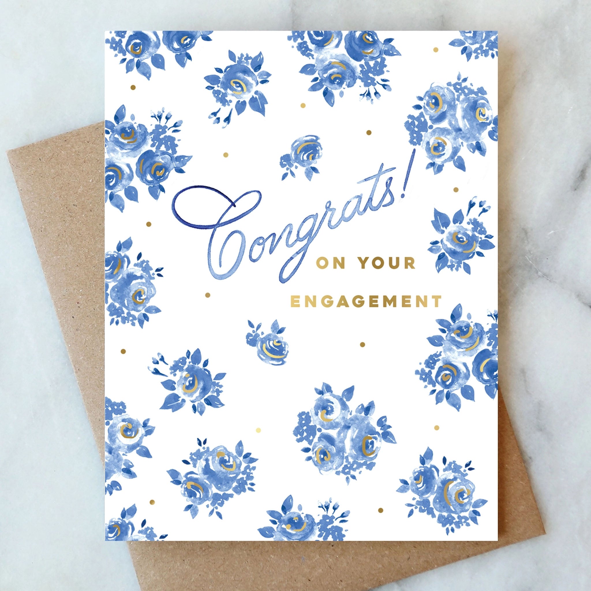 French Blue Engagement Greeting Card on a marble surface