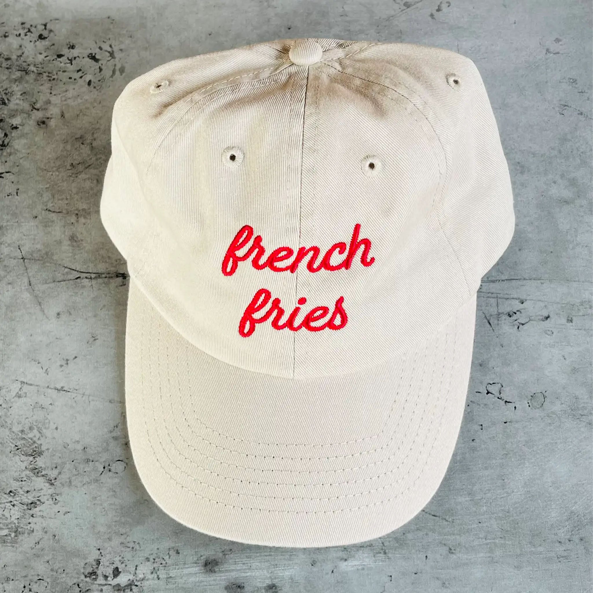 Khaki baseball hat with red embroidered 'French Fries'