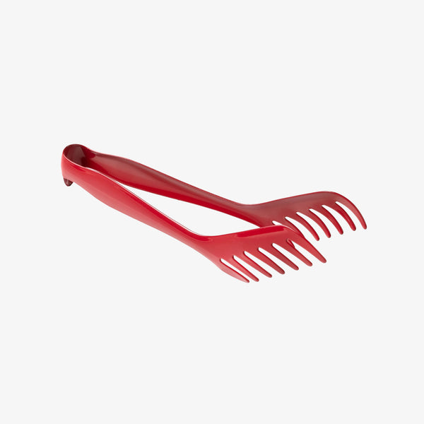 Forked French Serving Tongs in Cherry Red on a white background