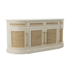 A curved mahogany server with cream finish, woven cane panels, and brass handles.