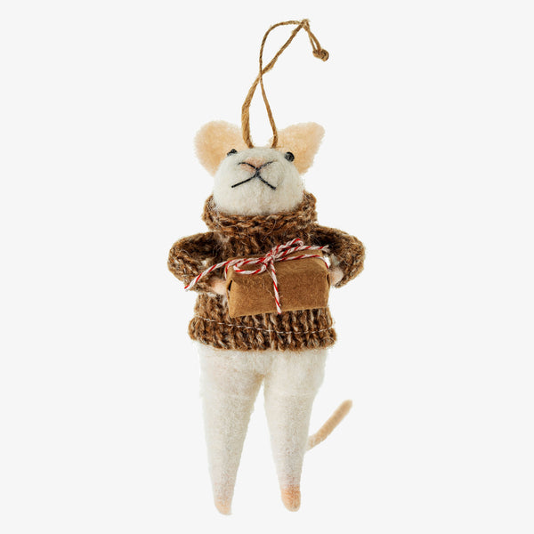 Indaba brand 'gifting gabriel' felted mouse ornament with brown knit sweater and small gift on a white background