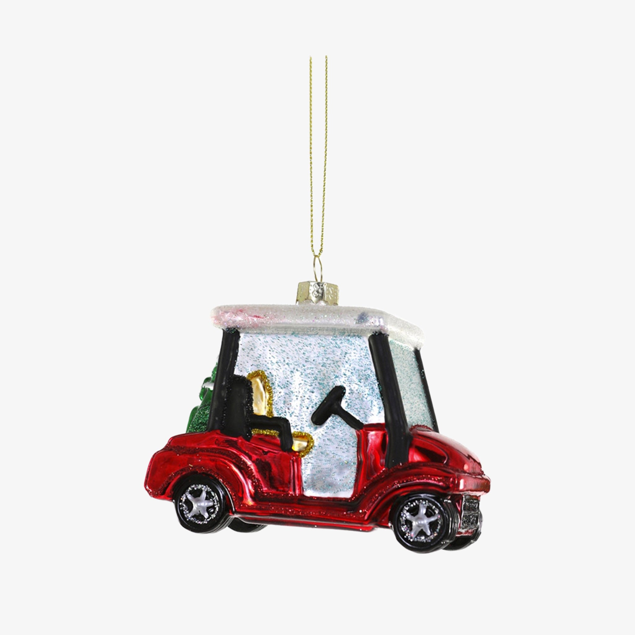 Red Cody Foster golf cart Christmas tree ornament on a white background