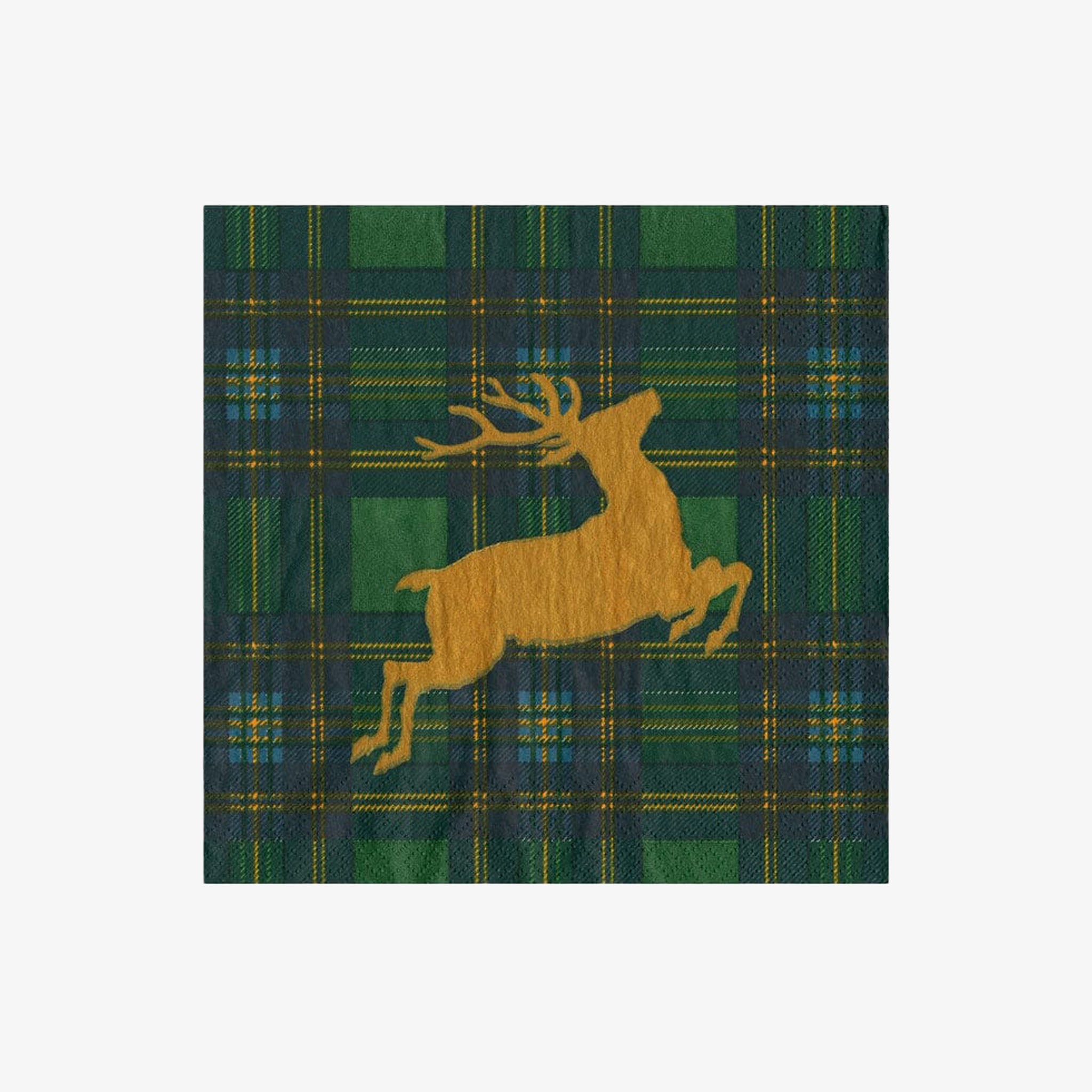 Plaid cocktail napkin with a yellow deer silhouette on a white background