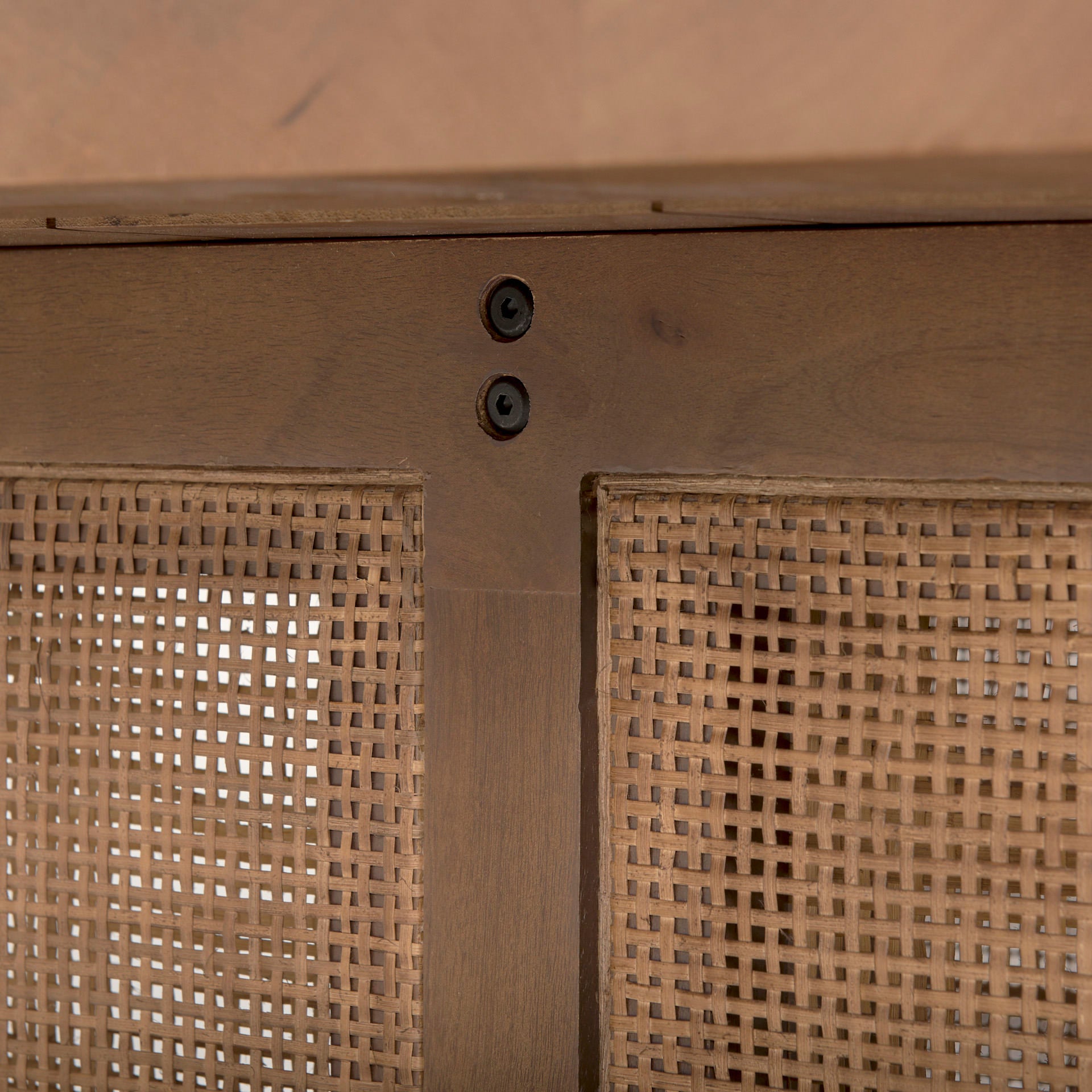 Close up of Grier 42" Square Medium Brown Solid Wood with Cane Coffee Table