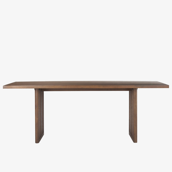 Mango wood Dining Table with two support legs in Dark Wash with Cane insets on base on a white background