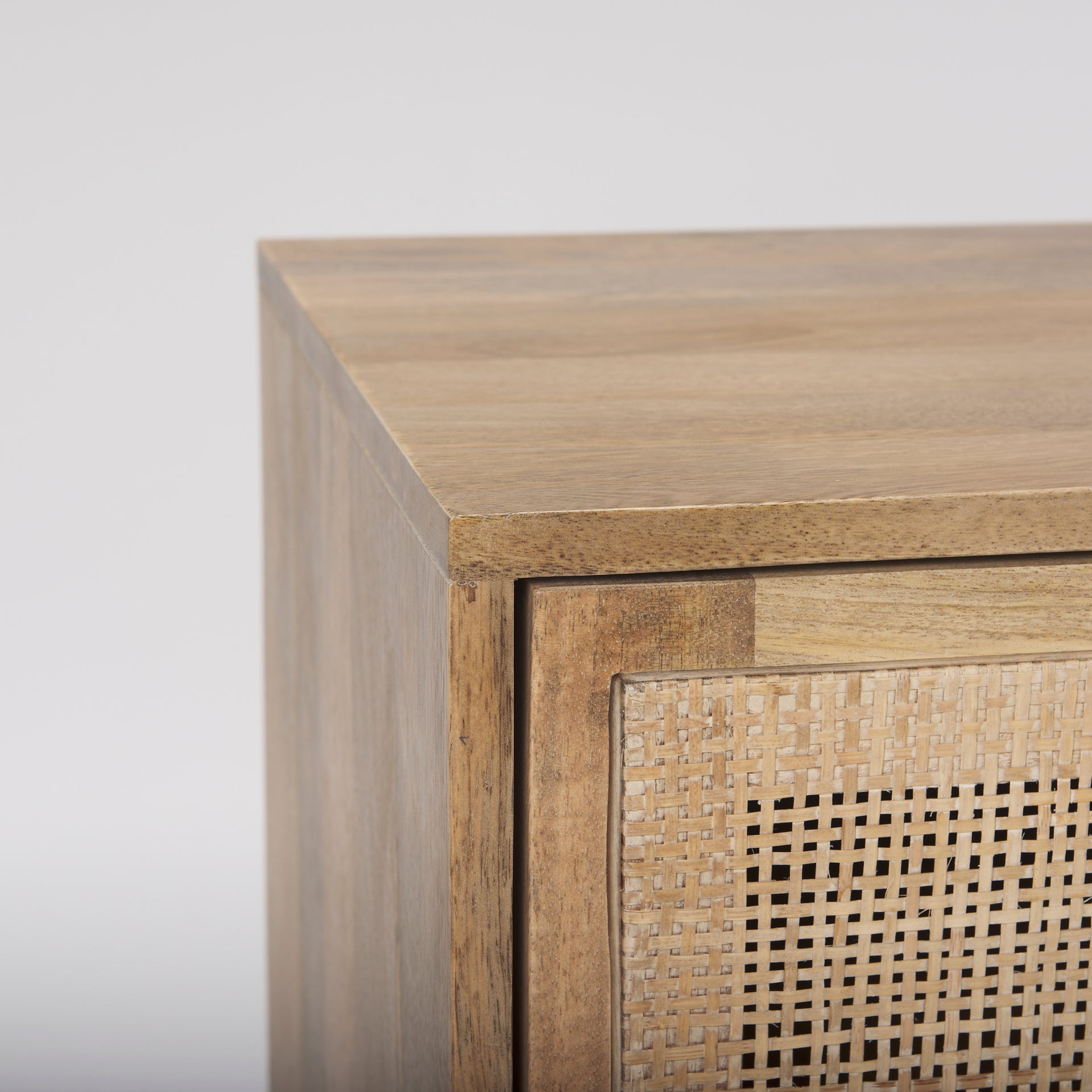 Grier Light Brown Solid Wood and Cane 3 Door Media Console on a white background