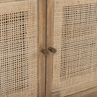 Close up of Grier Light Brown Solid Wood and Cane 3 Door Media Console