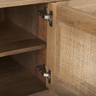 Close up of Grier Light Brown Solid Wood and Cane 3 Door Media Console