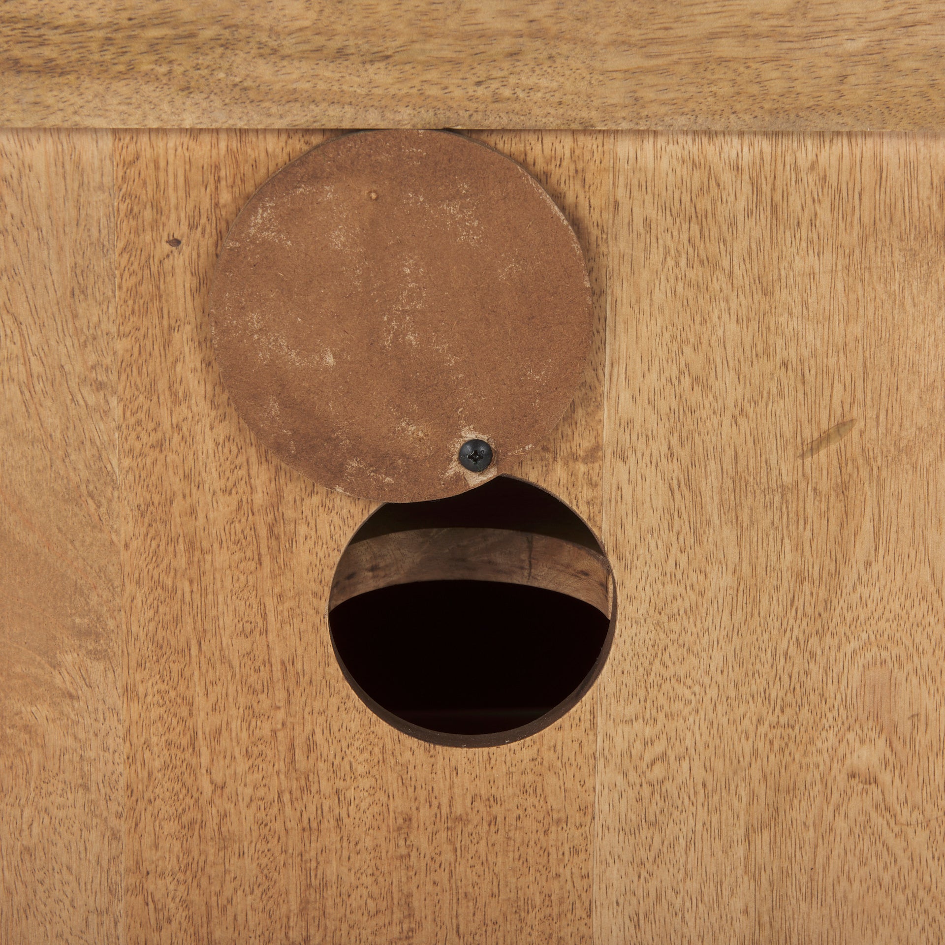 Close up of Grier Light Brown Solid Wood and Cane 3 Door Media Console