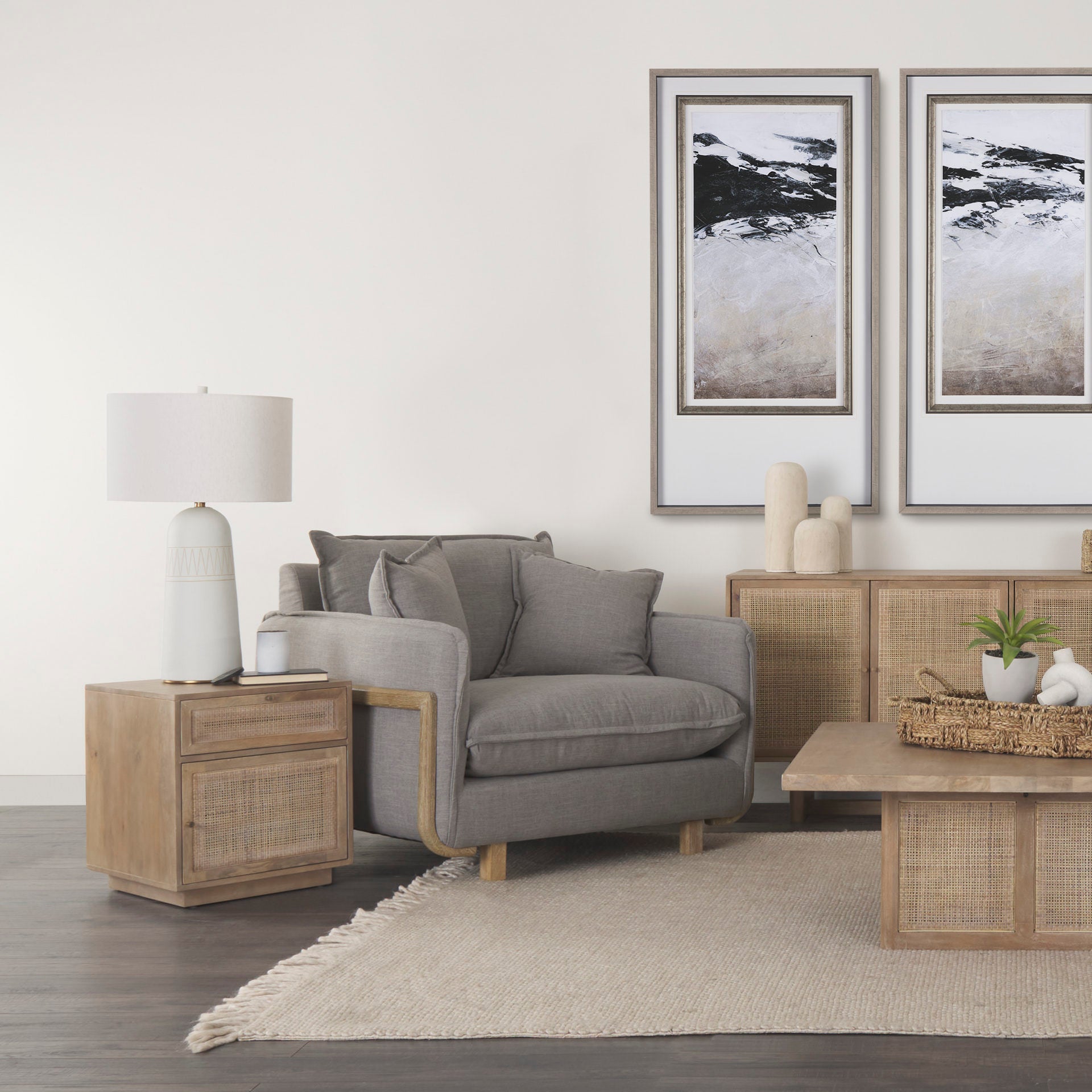 Grier Light Brown Wood with Cane Accent Table  in a light living room