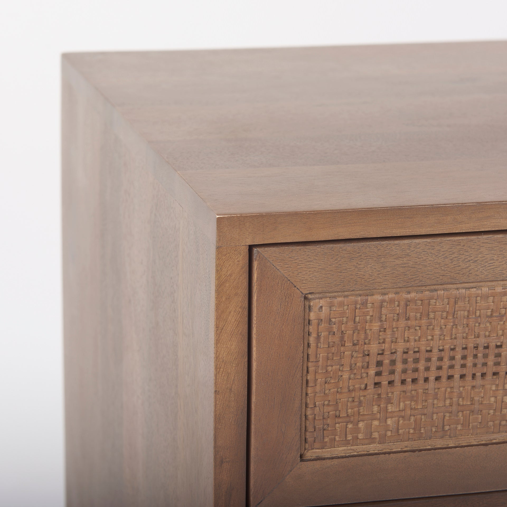 Close up of Grier Medium Brown Wood with Cane Accent Table on a white background