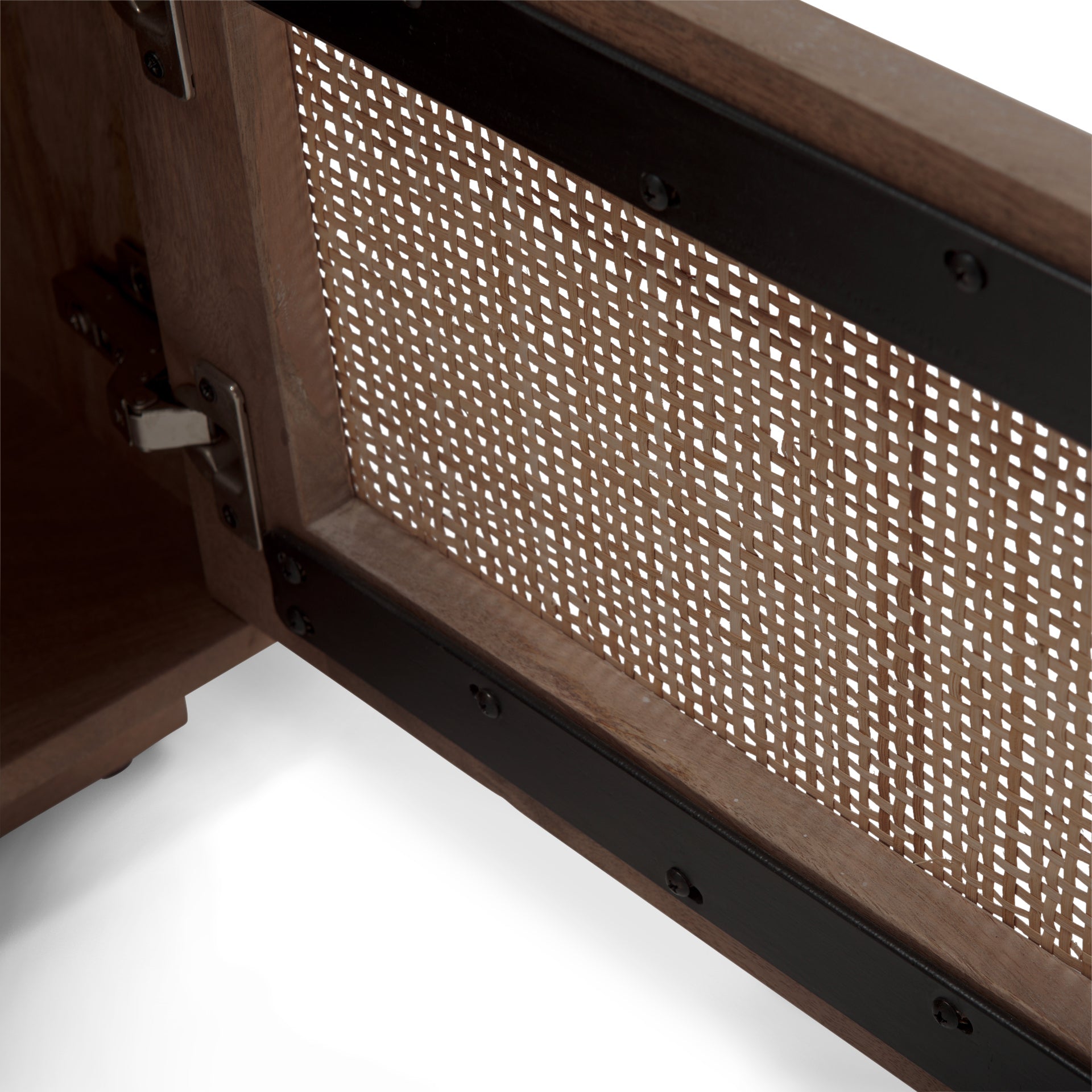 Close up of Grier Medium Brown Wood with Cane Accent Table on a white background