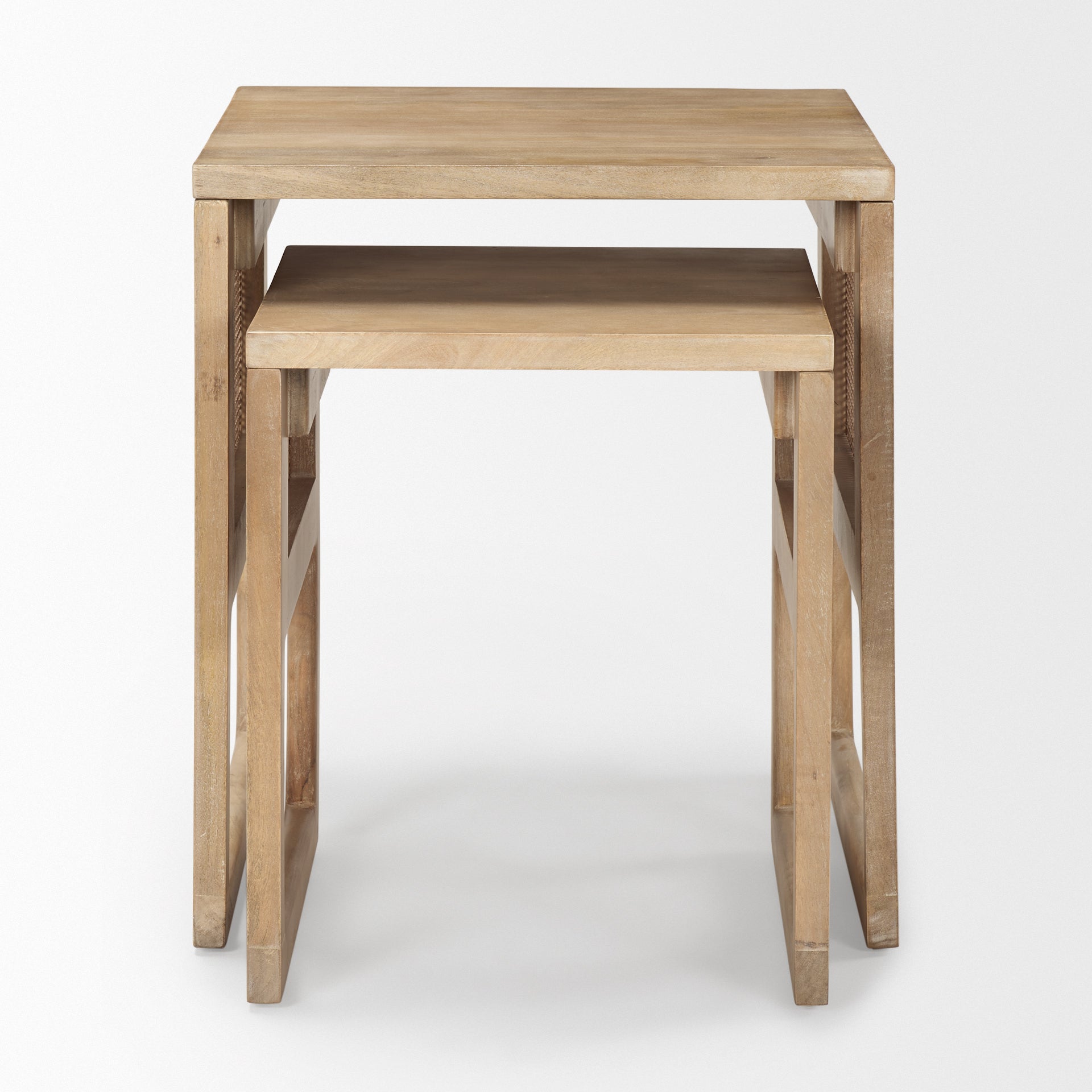 Grier Set of 2 Light Brown Solid Wood with Cane Nesting Accent Tables on a white background