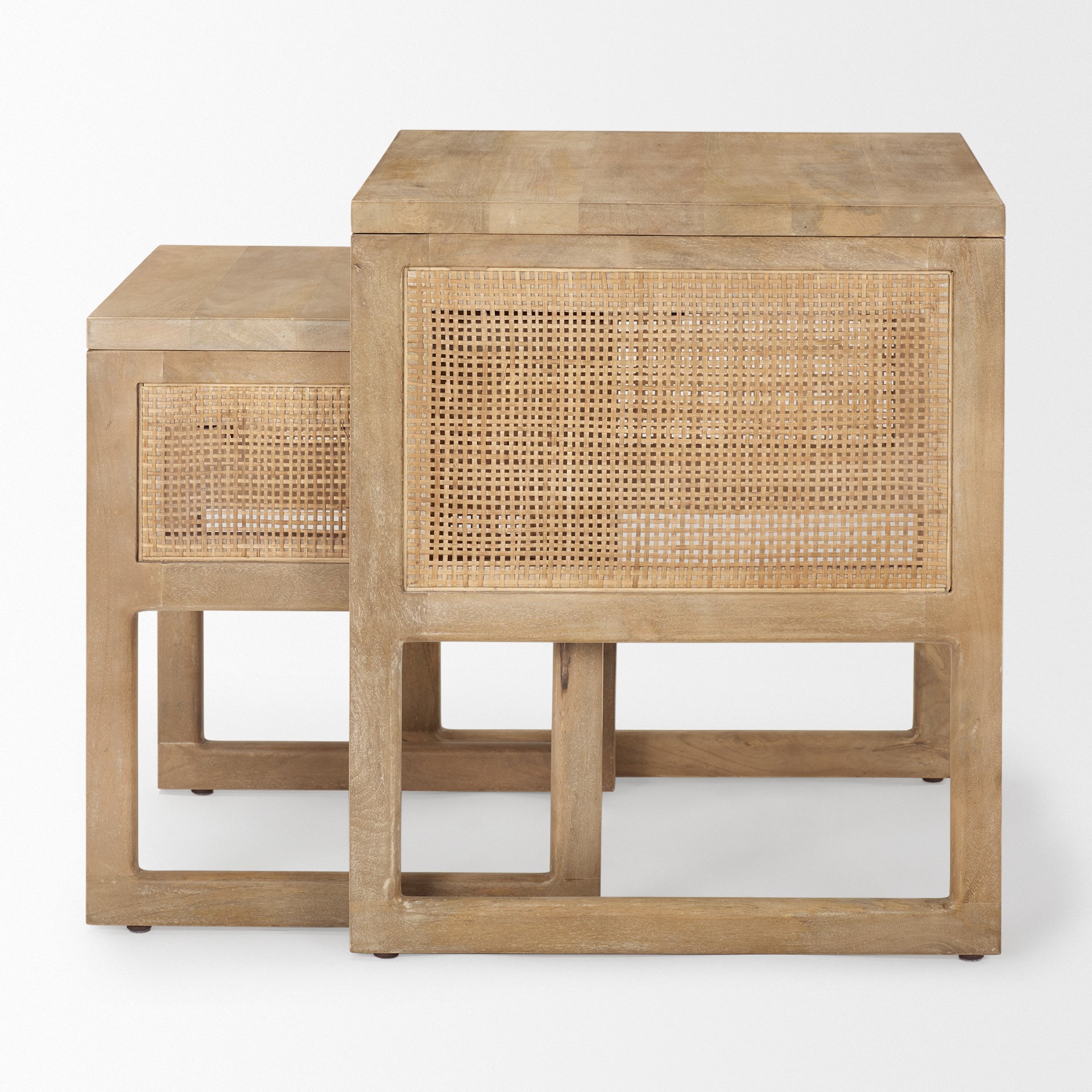 Grier Set of 2 Light Brown Solid Wood with Cane Nesting Accent Tables on a white background