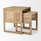 Grier Set of 2 Light Brown Solid Wood with Cane Nesting Accent Tables on a white background