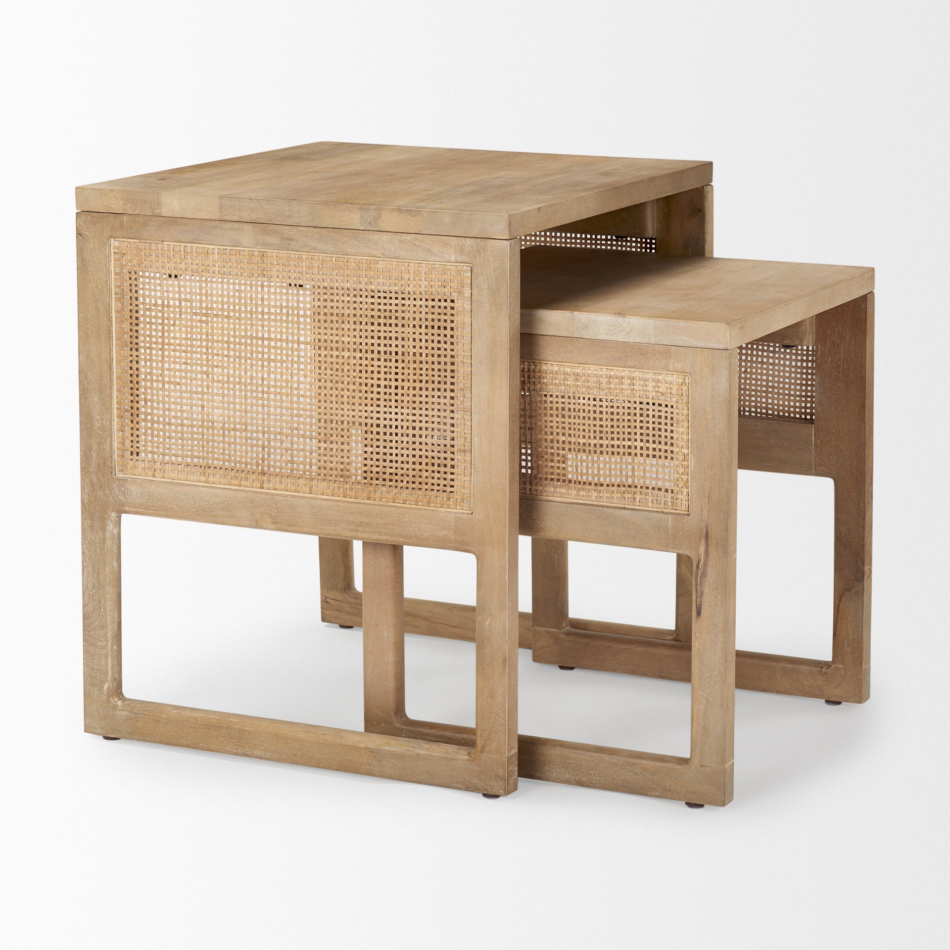 Grier Set of 2 Light Brown Solid Wood with Cane Nesting Accent Tables on a white background