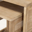 Close up of Grier Set of 2 Light Brown Solid Wood with Cane Nesting Accent Tables on a white background
