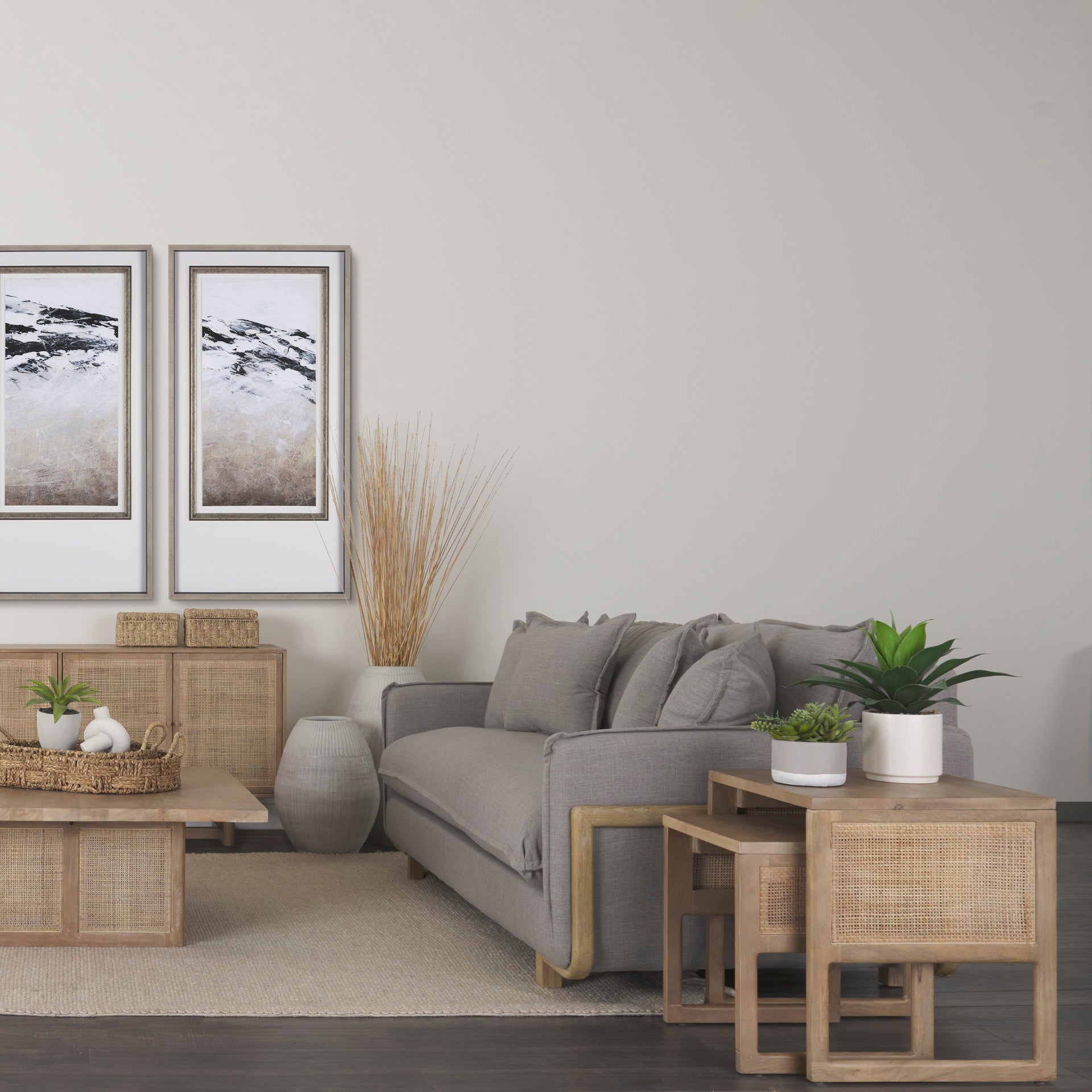 Grier Set of 2 Light Brown Solid Wood with Cane Nesting Accent Tables in a light bohemian living room