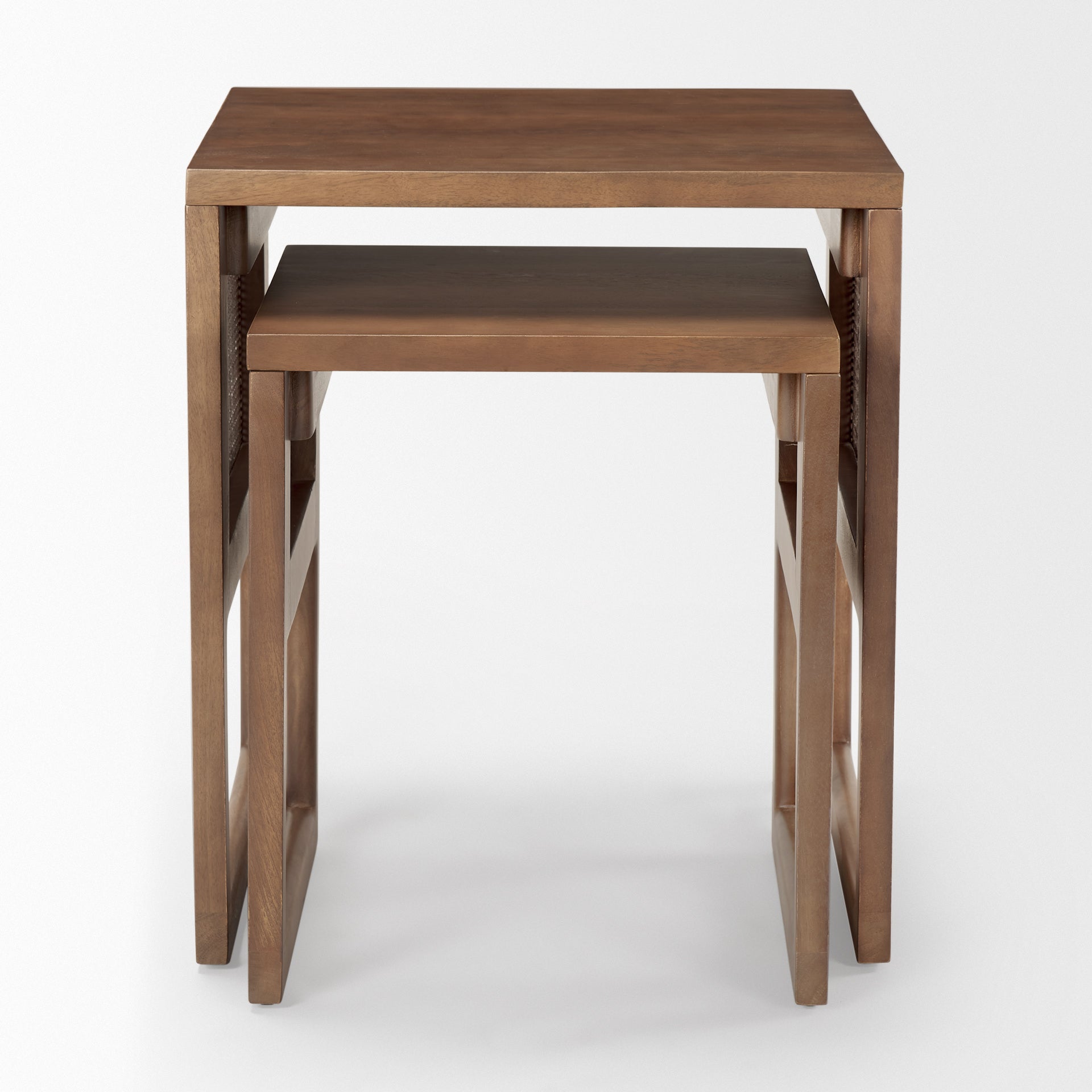 Grier Set of 2 Medium Brown Solid Wood with Cane Nesting Accent Tables on a white background