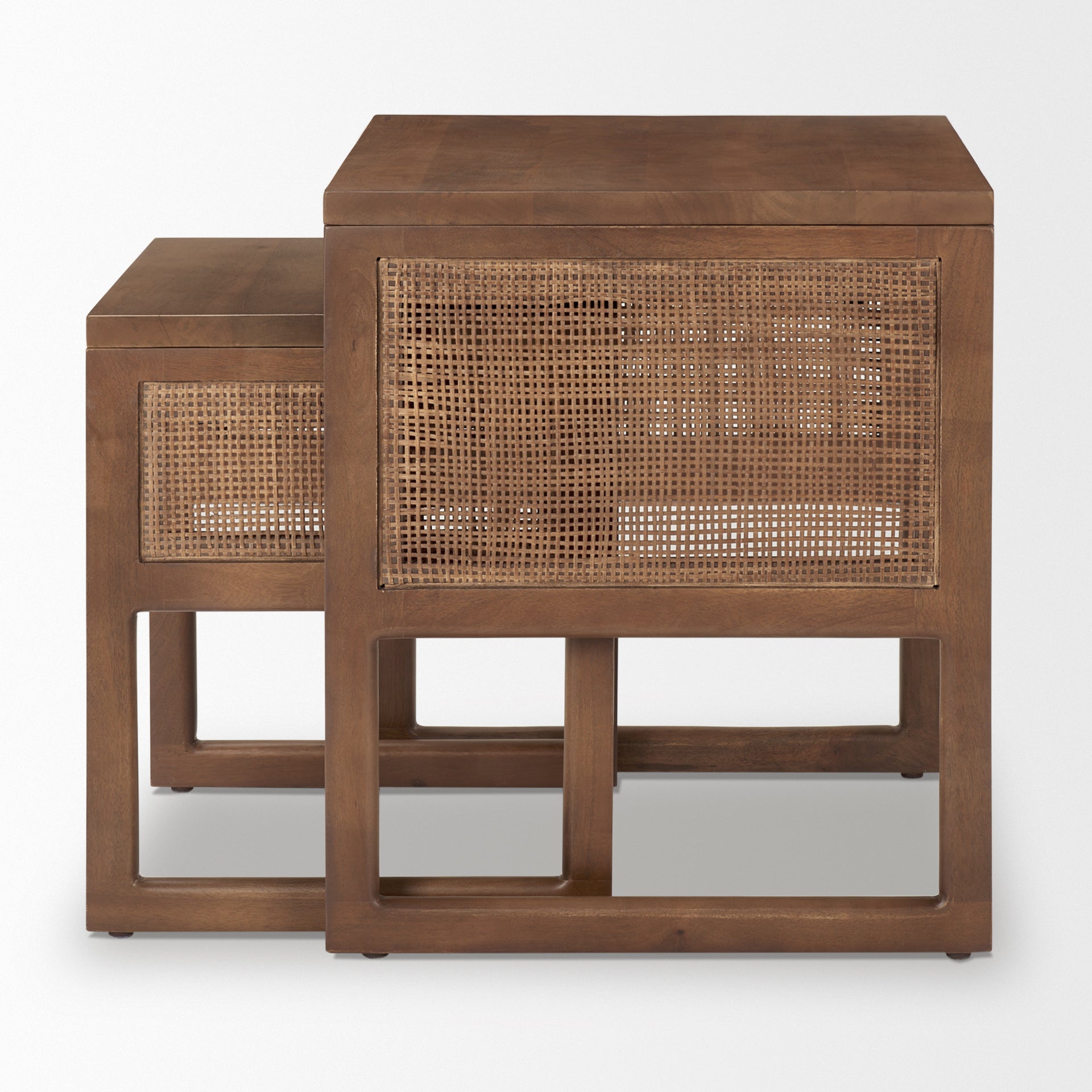 Grier Set of 2 Medium Brown Solid Wood with Cane Nesting Accent Tables on a white background