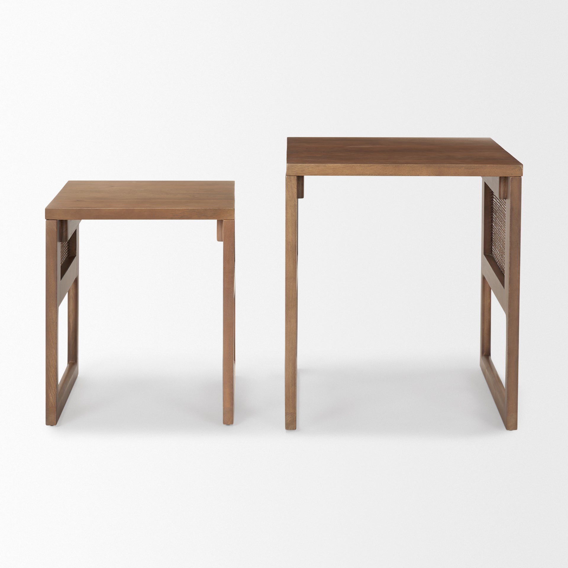 Grier Set of 2 Medium Brown Solid Wood with Cane Nesting Accent Tables on a white background