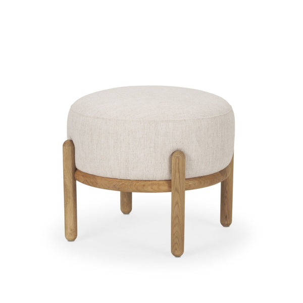 Mercana brand Gwynn Beige Fabric with Light Brown Wood Pouf on a white background