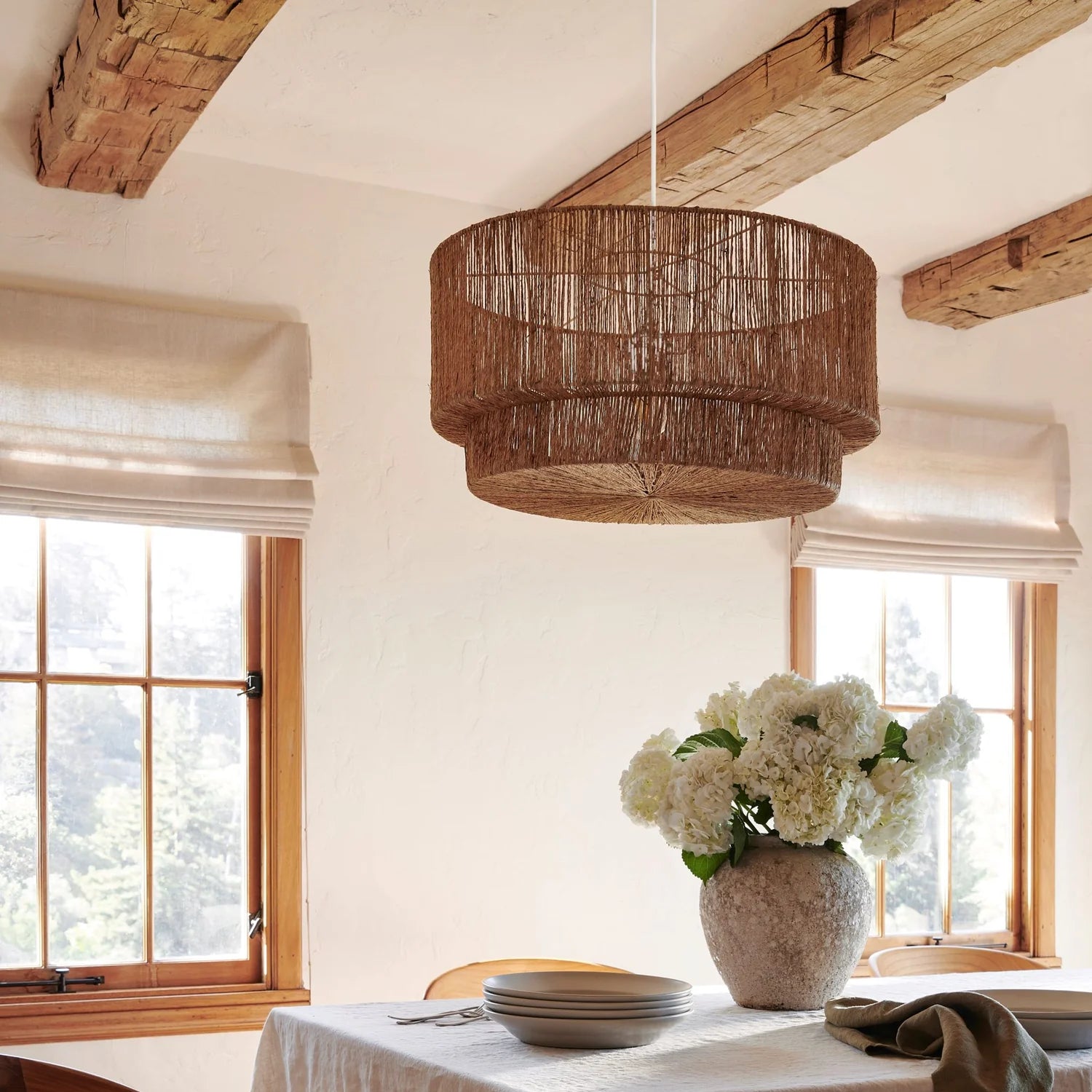 Cocktail 2 Tier Jute Pendant on a rustic farmhouse dining room at Addison West