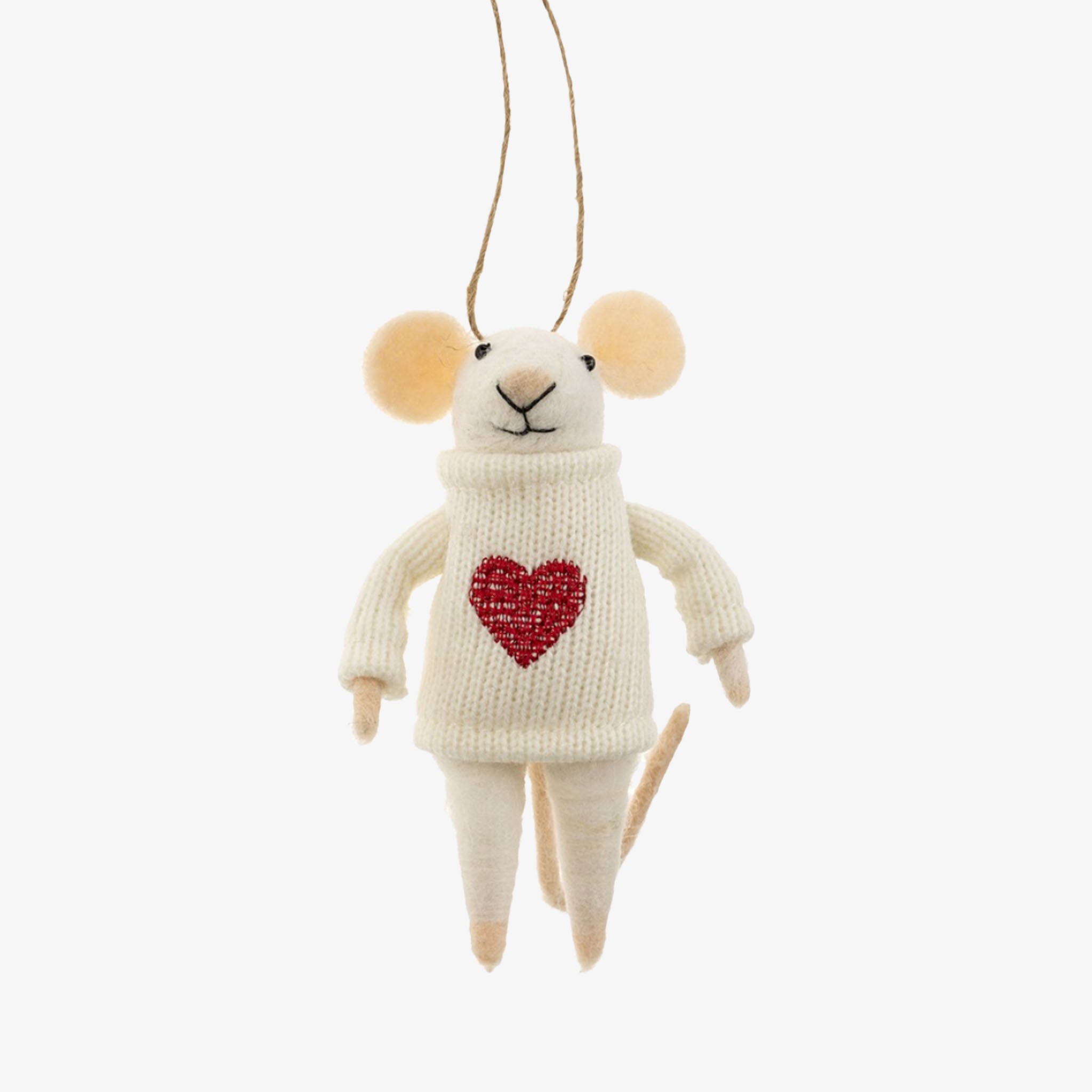 Decorative mouse ornament wearing a sweater with a red heart on a white background