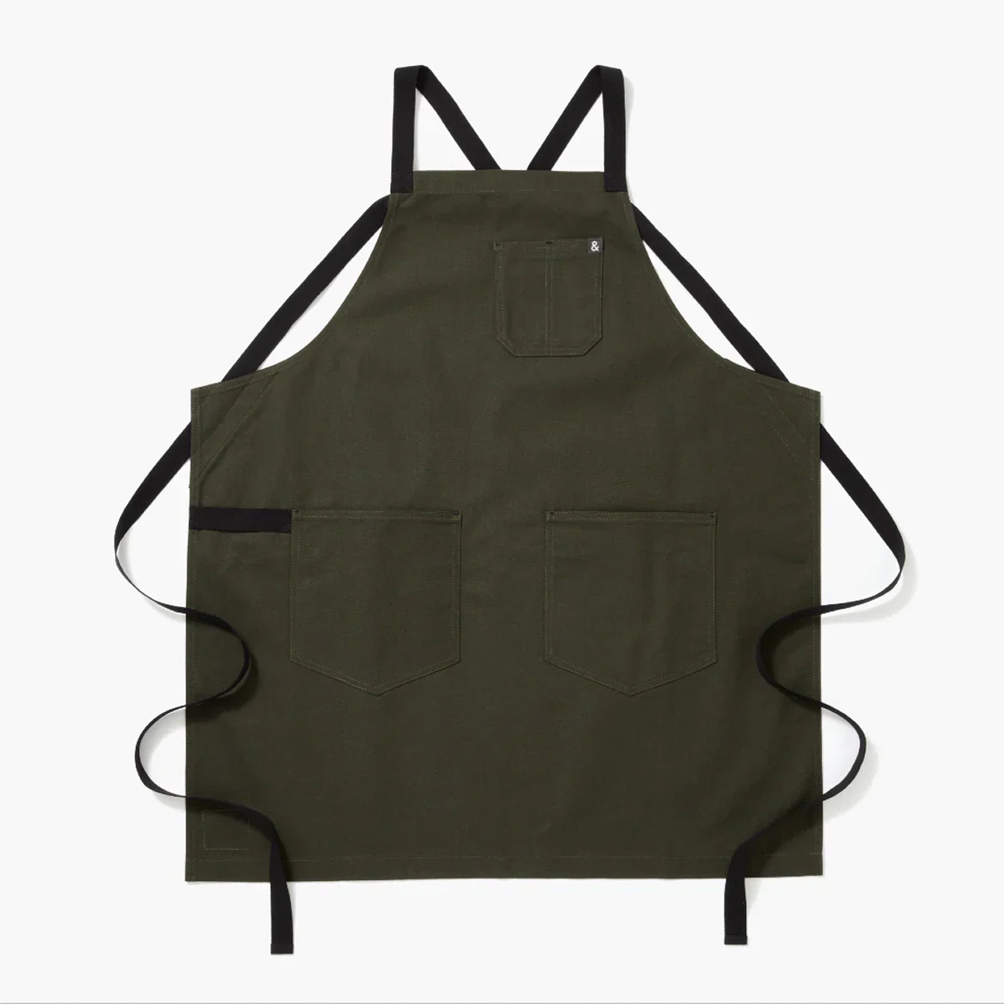 Hedley & Bennett All Day Crossback Apron in Olive on plain background at Addison West.