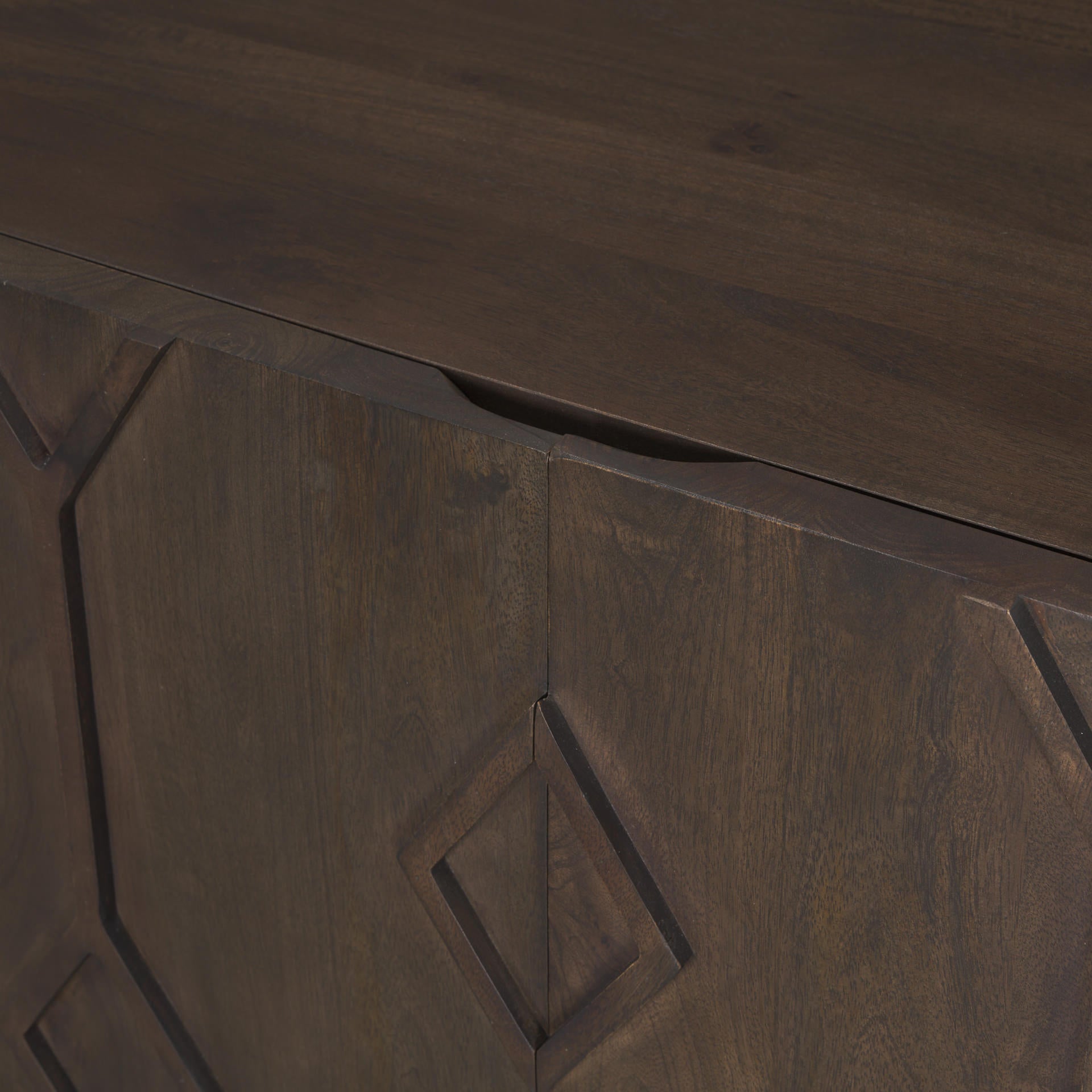 Close up of Heera Dark Brown Diamond Motif with Shelf Accent Cabinet on a white background