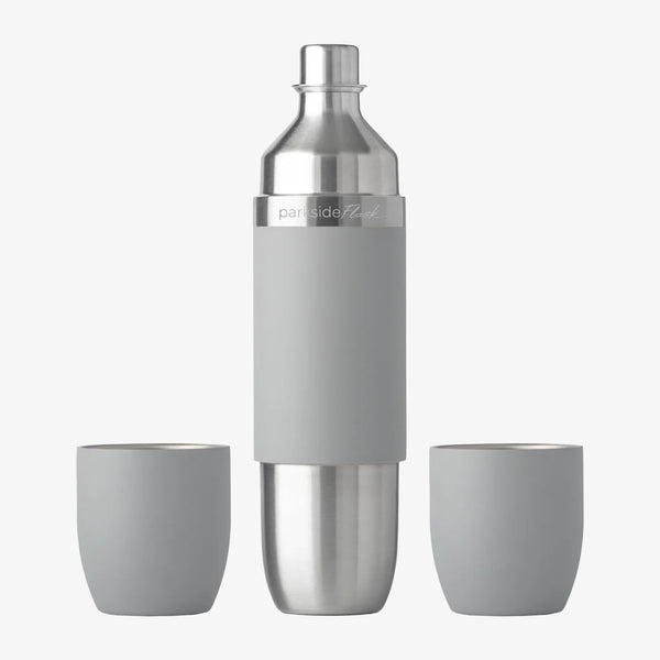Hi Camp flasks brand parkside 750 insulated thermos with two drinking cups on a white background