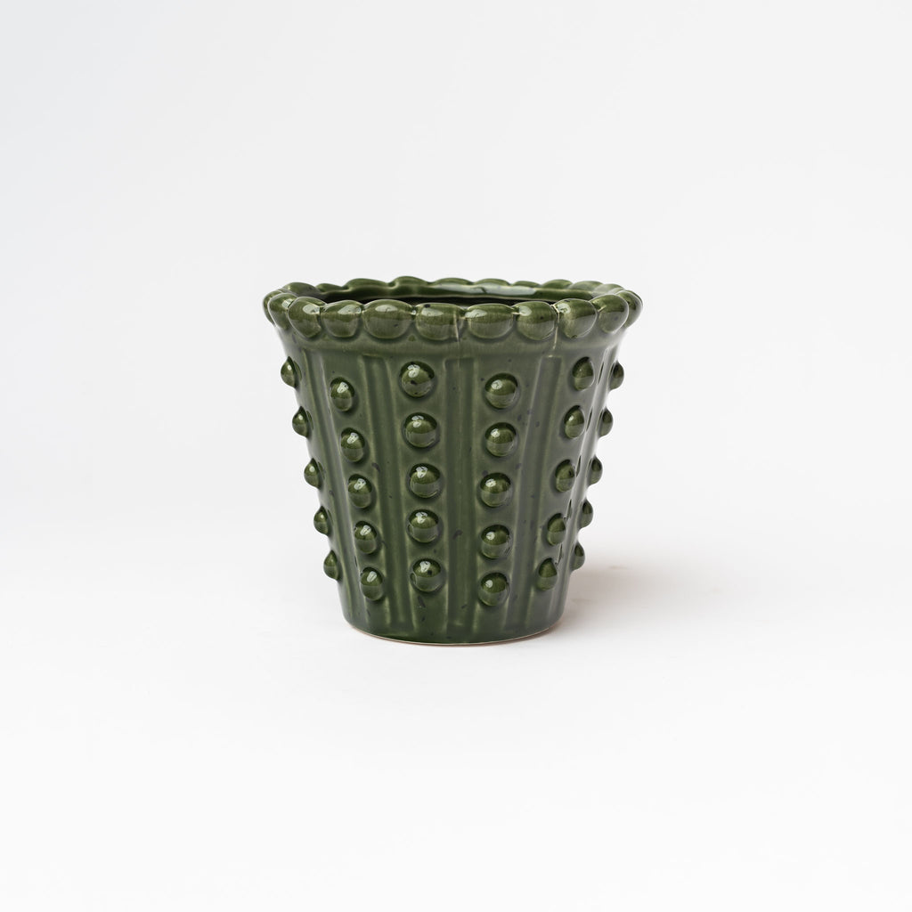 Large Green planter with hobnail pattern on a white background