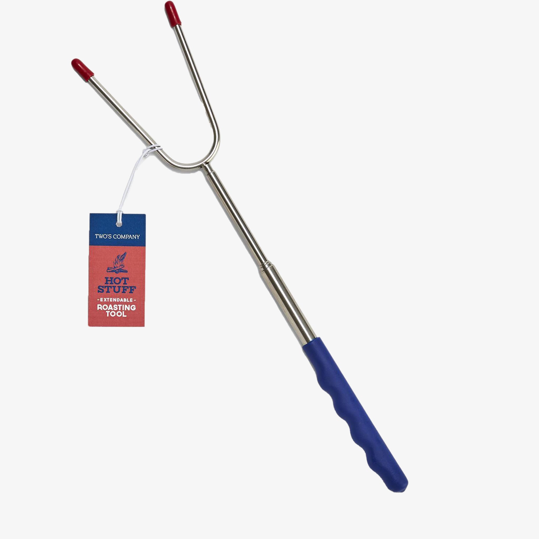 Extenable two prong roasting tool with blue handle from two's company on a white background