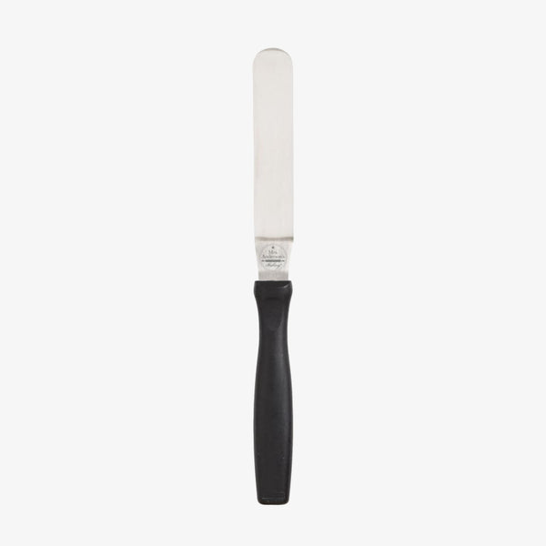 Small icing spatula with black handle and offset stainless steel blade on a white background