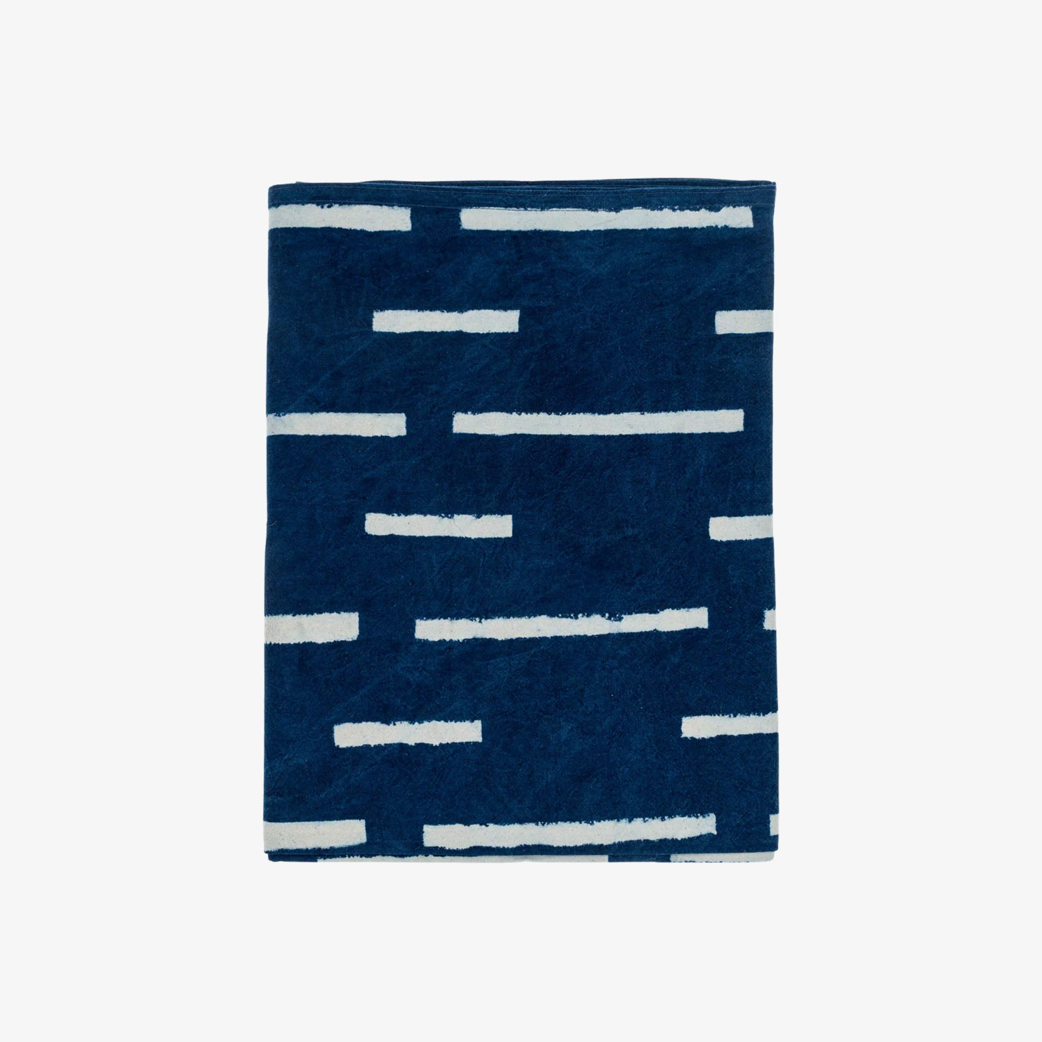 Indigo Block Print Tablecloth, 60" x 104" on a white background at Addison West