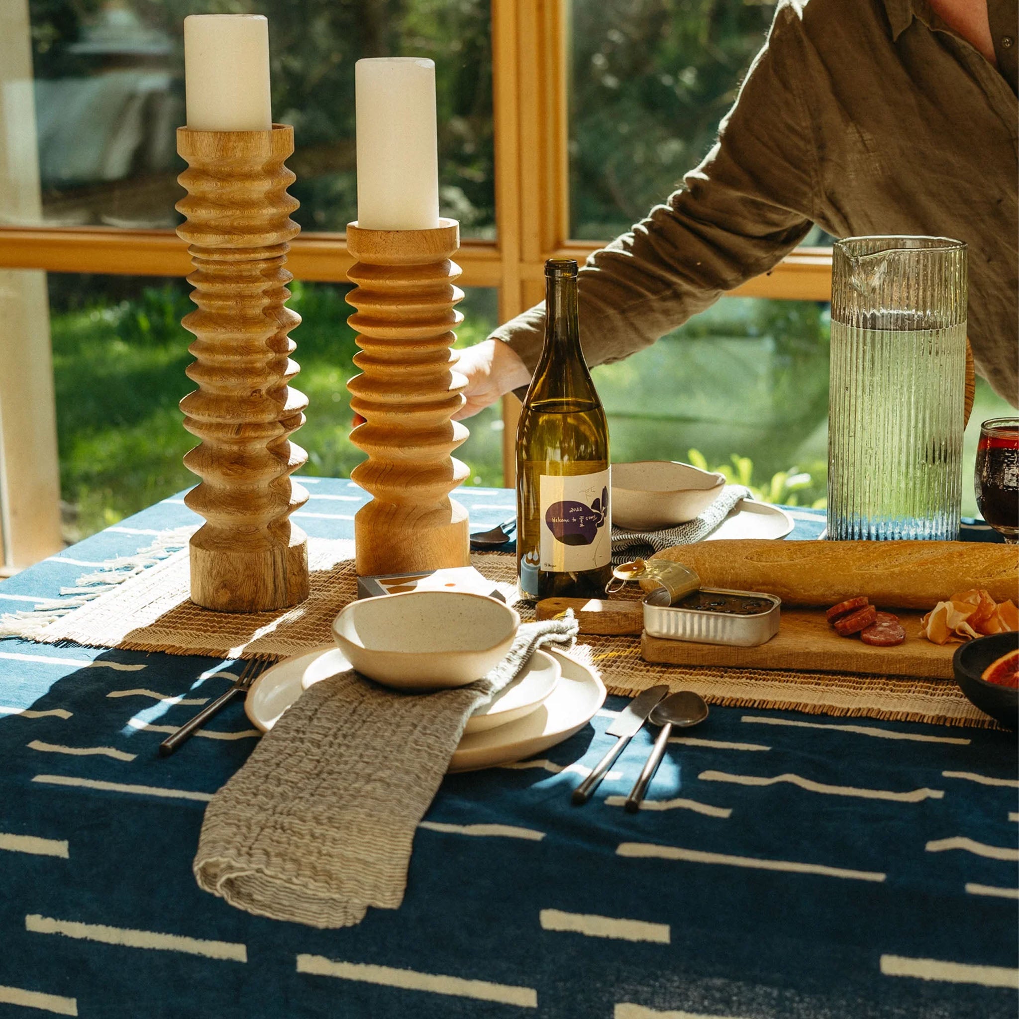 Indigo Block Print Tablecloth, 60" x 104" on a table at Addison West