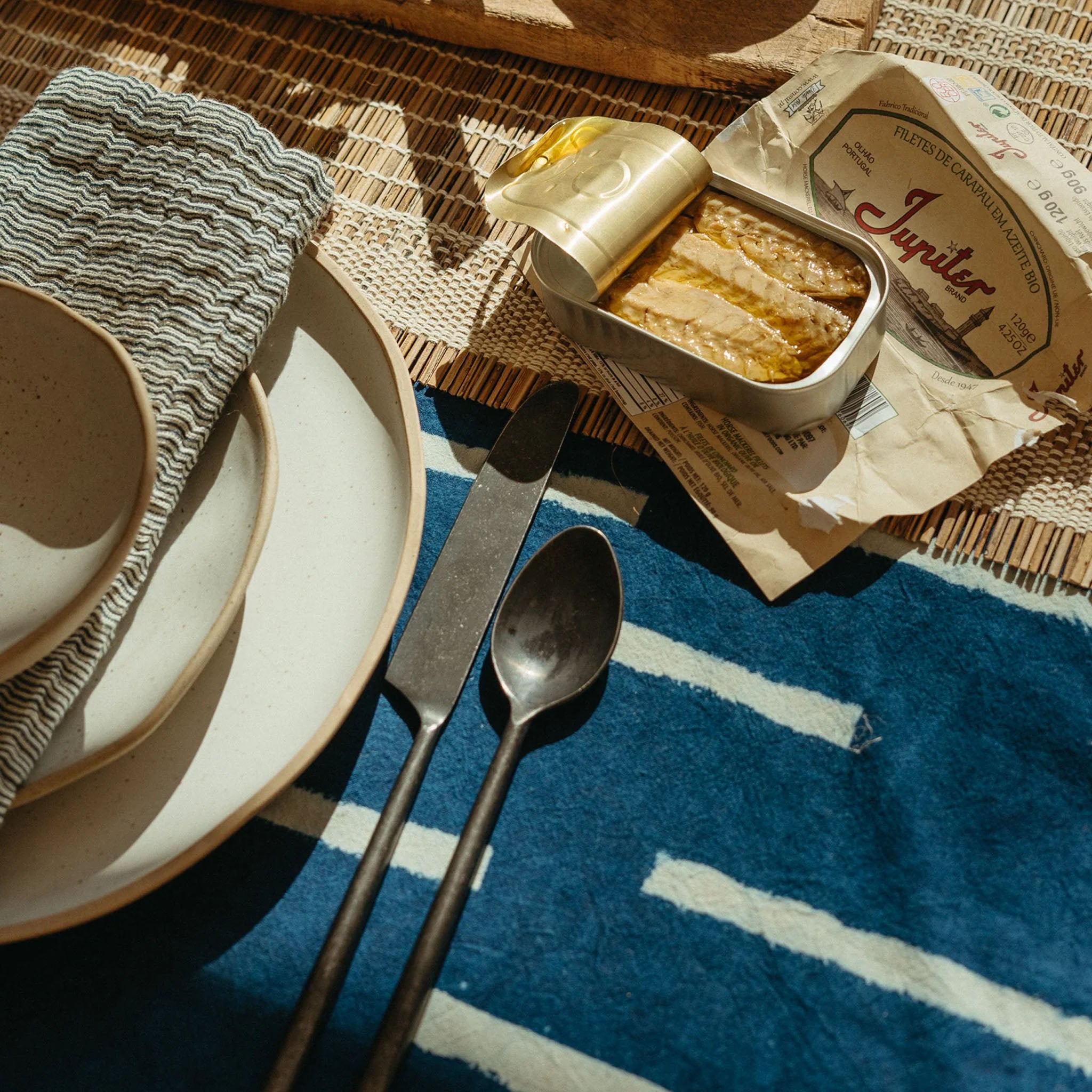 Indigo Block Print Tablecloth, 60" x 104" on a table at Addison West