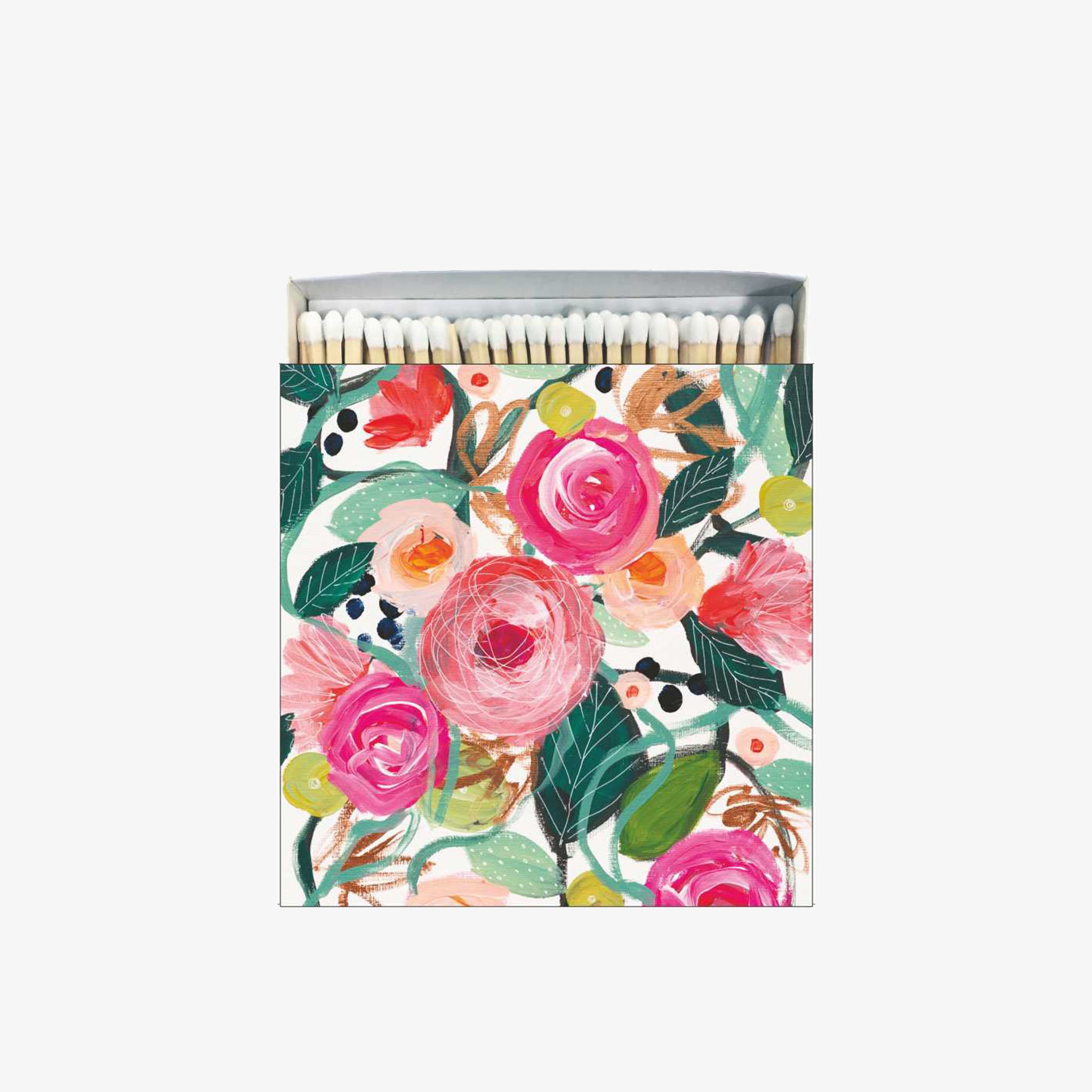 Square box of La Belle Rose Matches by PPD with pink flowers on a white background
