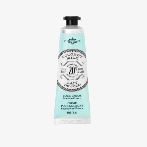 La Chatelaine tube of blue Coconut Milk Hand Cream 30ml on a white background