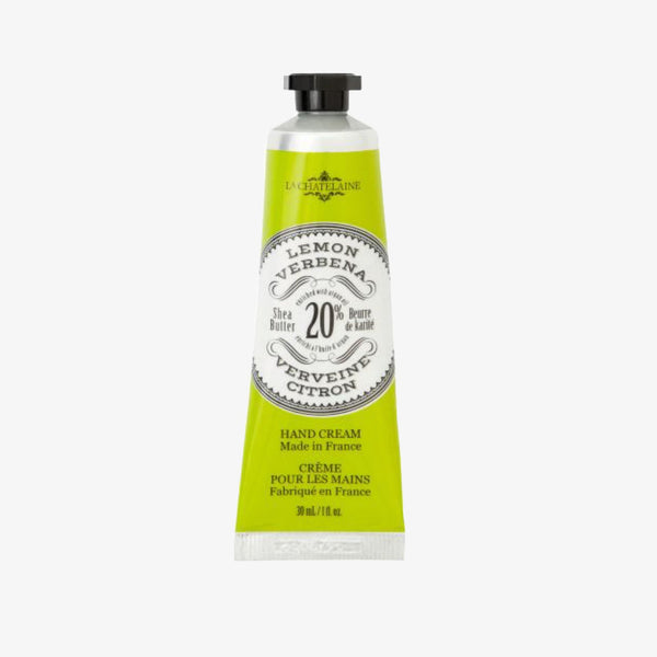 Travel size tube of La Chatelaine Lemon Verbena Hand Cream on a white background