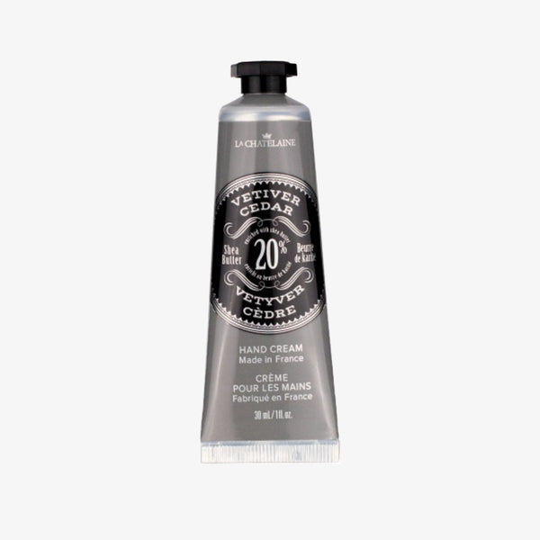 Grey tube of La Chatelaine Vetiver Cedar Hand Cream on a white bakground