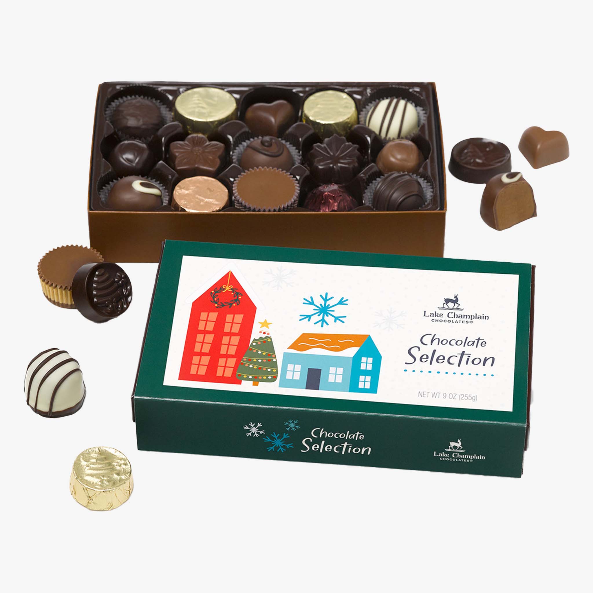 Lake Champlain Box of chocolate selection with festive design on a white background
