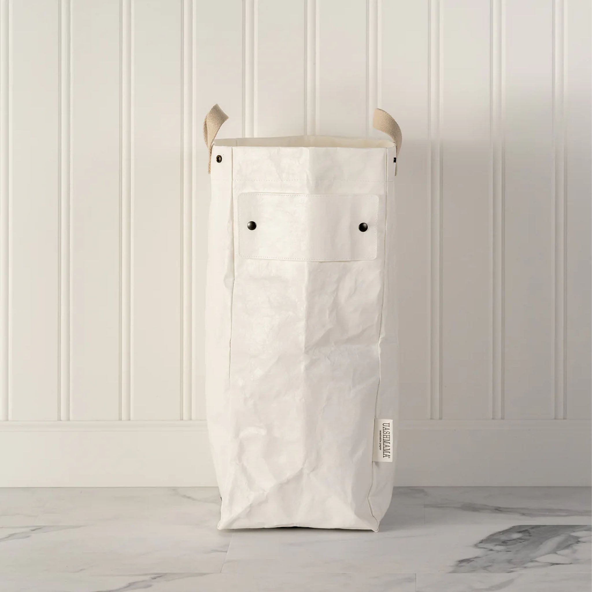 Uashmama Laundry Hamper Bag in White on a white background at Addison West