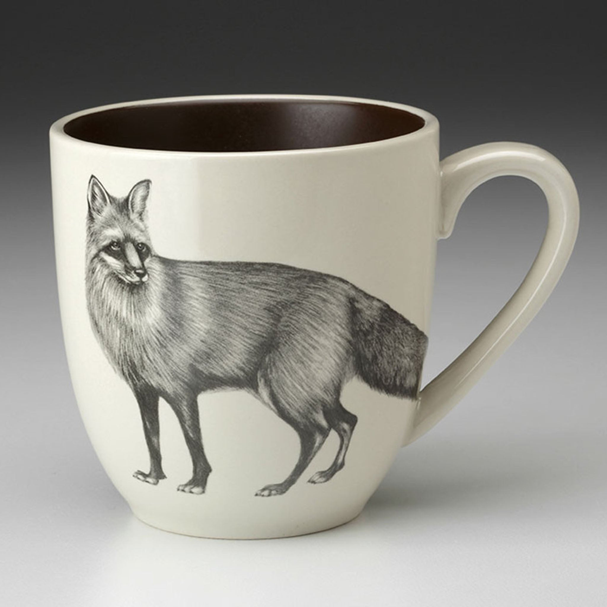 Laura Zindel Red Fox Mug with brown interior on grey background.