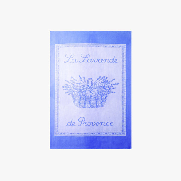 Purple printed French Jacquard Tea Towel with basket of lavender and words 'la lavande de provence' on a white background