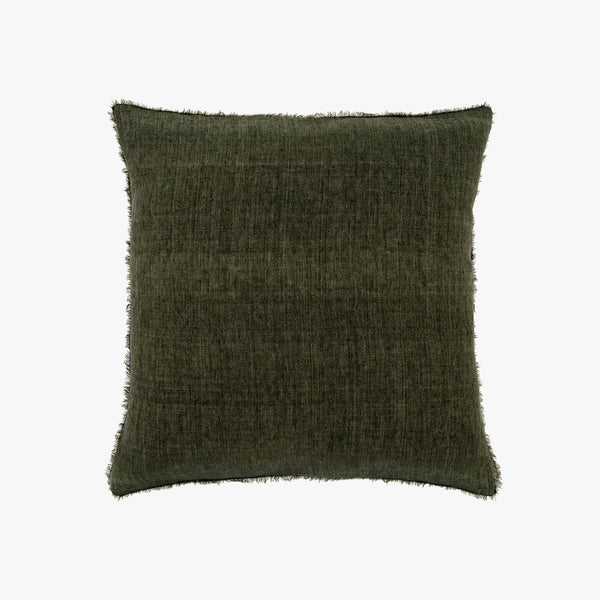 Avocado green 24 inch square linen throw pillow on a white background