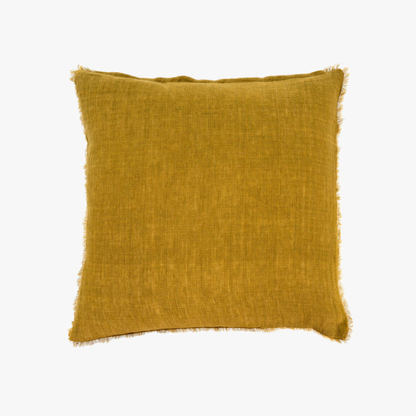 24 inch Square cumin yellow throw pillow with frayed edges on a white background