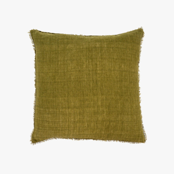 24 inch square moss green linen throw pillow on a white background